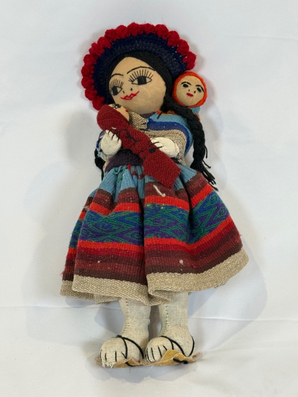 Vintage Handmade Peruvian Mother Child Folk Art Doll